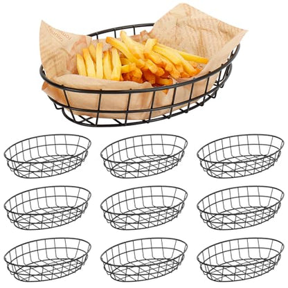 10 Pack Fast Food Oval Baskets, Wire Bread Basket for Serving, Reusable Chip Burger Fruit Vegetables Bowl Storage for Kitchen Table, Restaurants, Snack Bar, Metal (Matte Black) - color: Matte Black