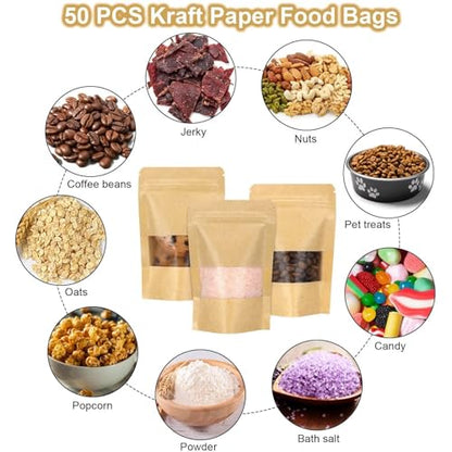 50 Pack Kraft Resealable Bags with Window for Storage (2.5 x 4.3 Inches) - size: 2.5 x 4.3 Inches