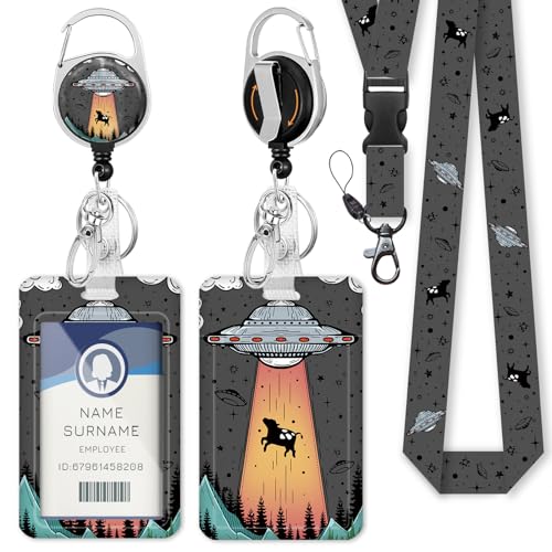 Gctriki Lanyards for ID Badges and Keys, Funny UFO Badge Reel Retractable - color: Art Ufo