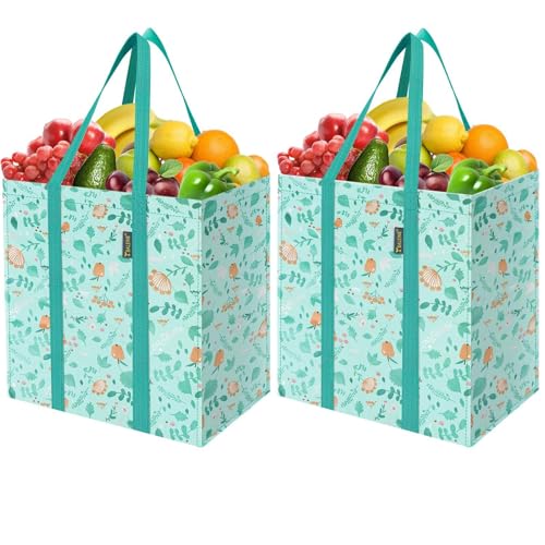BALEINE 2 PK Grocery Bags Reusable Shopping Bags with Reinforced Bottom, Heavy Duty Foldable Tote Bags (Spring Stroll) - color: Spring Stroll, size: 2 PK