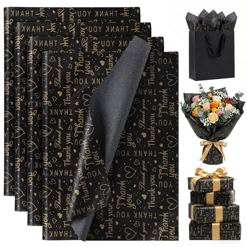 Koogel 100 Sheets Black Gold Thank You Tissue Paper, 20 X 14 inches - color: Black