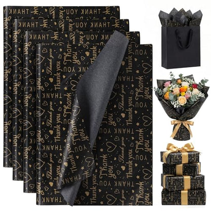 Koogel 100 Sheets Black Gold Thank You Tissue Paper, 20 X 14 inches - color: Black
