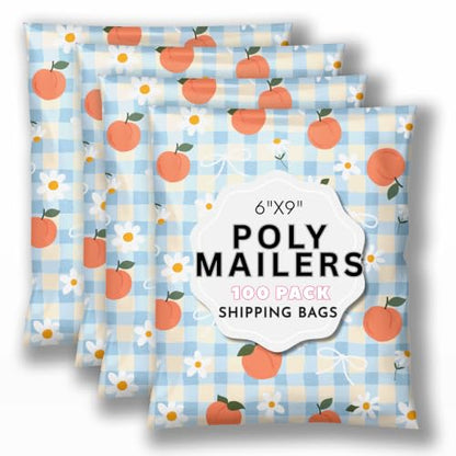 Picksie Mailers- 6x9 Designer Poly Mailers- Cute Shipping Bags - color: Peachy Picnic, size: 6x9