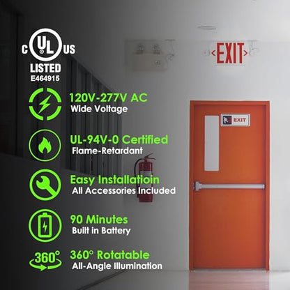 Gruenlich Exit Sign with Emergency Light, Battery Backup, 6 Pack - size: 6-pack