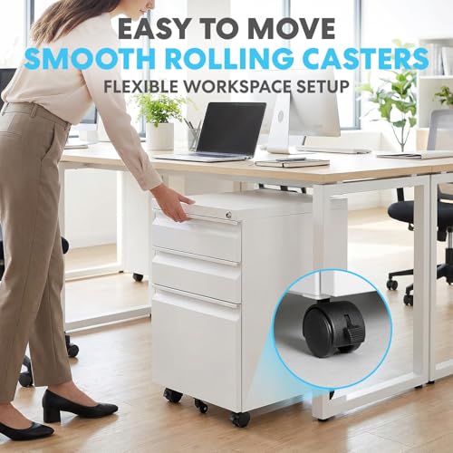 Simpli-Magic 3 Drawer Mobile File Cabinet with Lock Under Desk Metal Filing Cabinet for Home Office Organizer Fully Assembled Letter Legal A4 White