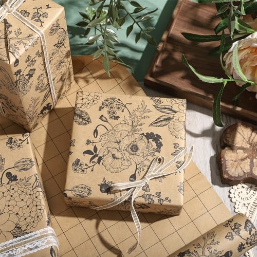RUSPEPA Kraft Wrapping Paper Roll - Mini Roll - Retro Flower Design Great for Birthday, Party, Baby Shower - 17.5 Inches X 32.8 Feet - color: Retro Flower