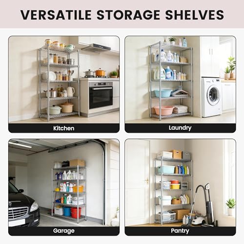 Storage Shelves - 5 Tier Metal Shelving Unit, 14"D×30"W×60"H, Chrome - color: Chrome, size: 14"D X 30"W x 60"H, 5 Tier