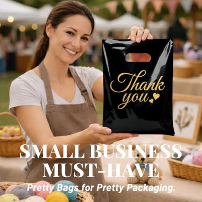 SwiftJoys 100 Count Black Thank You Bags with Handles, 9 x 12 Inch - color: 10-Black TY, size: 9"x12"