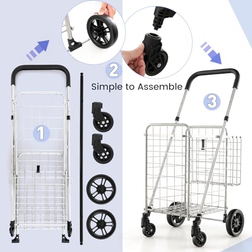 Goplus Folding Shopping Utility Cart, Double Basket and 360° Swivel Wheels, Adjustable Handle, Small Cart Perfect for Grocery Laundry Book Luggage Travel - color: Silver