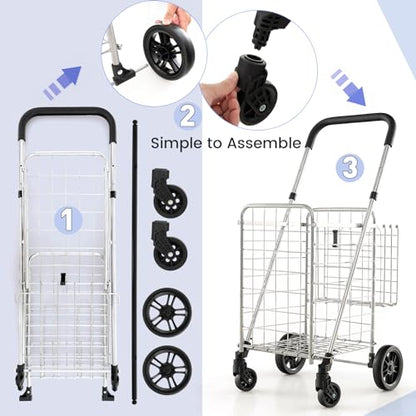 Goplus Folding Shopping Utility Cart, Double Basket and 360° Swivel Wheels, Adjustable Handle, Small Cart Perfect for Grocery Laundry Book Luggage Travel - color: Silver