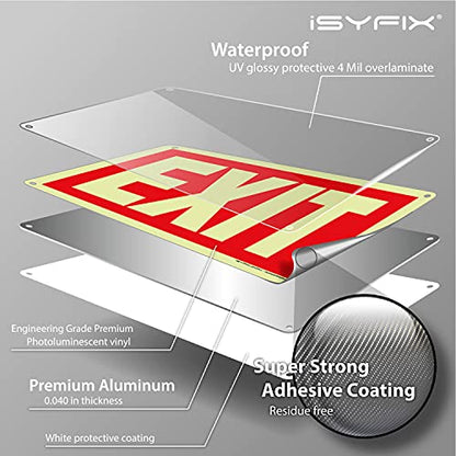 iSYFIX Exit Glow in the Dark Sign Aluminum, 10x7 Inch, 1 Pack - color: Red & White, size: 1 Pk 10x7