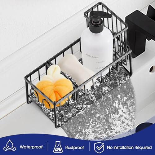 Sinnsally Kitchen Sponge Holder,Sink Caddy Organizer with Brush Holder,Stainless Steel Sink Box Dish Scrubber Holder with Self Drain Tray,Soap Dispenser Kitchen Storage Accessories(1 Tier-Black) - color: 1 Tier-Black