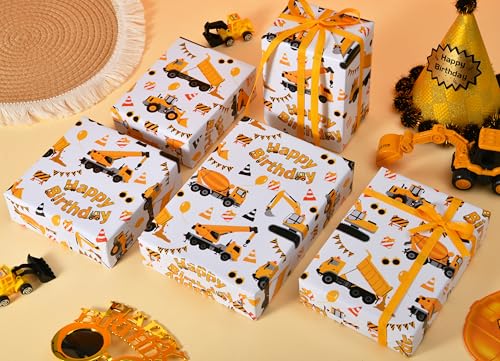 Sikiweiter Construction Truck Birthday Wrapping Paper Roll - Yellow Trucks, Cones, and Balloons Design - 17 inch x 16.5 feet(Construction) - color: Construction