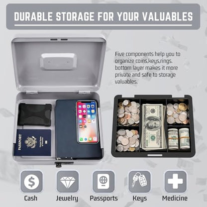 Flexzion Metal Cash Box with Combination Lock - 5-Compartment Petty Cash Box with Money Tray and Lock for Small Business - Removable Money Tray for Bills, Checks & Coins, 11.8"x 9.4"x 3.5", Gray - color: Gray
