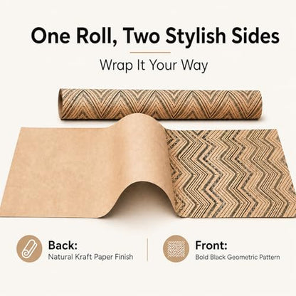 Ulmasinn Boho Kraft Wrapping Paper Roll, Black Geometric Gift Wrap on Recyclable Brown Kraft Paper, 17" x 33', Rustic Wrapping Paper for Wedding, Birthday, Baby Shower, Holiday Gifts & DIY Crafts - color: Ethnic Tribal