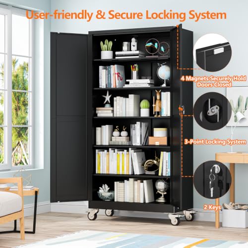 pozdeg 78.74" Black Lockable Rolling Metal Garage Storage Cabinet - color: Black, size: 19.68"D x 39.37"W x 78.74"H