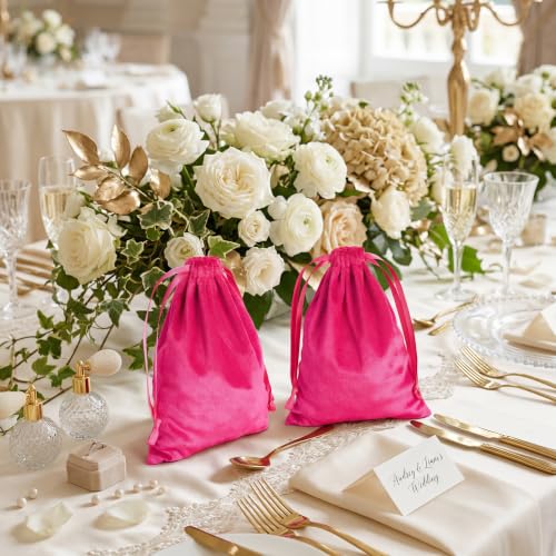 25 Pcs Velvet Drawstring Bags 5 x 7 Inch, Hot Pink Soft Velvet Pouches - color: Hot Pink