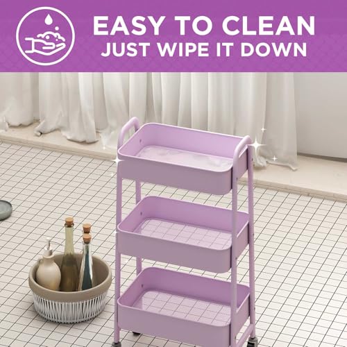 AGTEK 3 Tier Utility Rolling Cart with Lockable Wheels, Metal Multifunctional Storage, Organizer Cart for Kitchen, Office, Living Room, Makeup, Craft, Art Studio, Purple - color: Purple