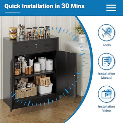 Metal Storage Cabinet, 36" Locking Cabinet with 1 Drawer & Shelves - color: Black, size: 36"H×28"W×16"D-1Drawer