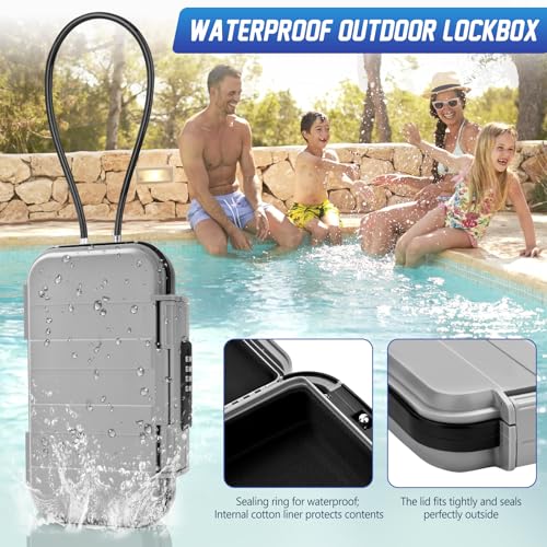 Portable Travel Safe Lock Box 4-Digit Combination Mini Safe Box, Anti-Theft Beach Security Lockbox Waterproof Small Lockable Box with Removable Wire Rope for Dorm Beach Hotel Car Home Office - color: Grey