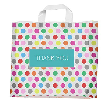 Purple Q Crafts Printed Polka Dot Thank You Bag. 50 PACK 15"x12". Frosted Soft Loop Shopping Bag with Gusset for Merchandise, Boutiques (15"x12") - size: Medium 15"x12"