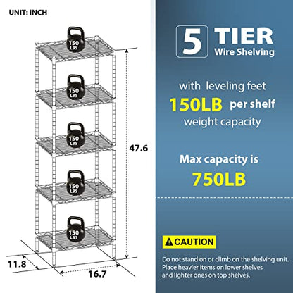 BestOffice | 5-Tier Wire Shelf with Wheels | 16.7" x 11.8" x 47.6" | Chrome - color: Chrome, size: 16.7L×11.8W×47.6H