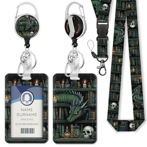 Gctriki Goth Dragon Lanyards for ID Badges, Badge Holder Retractable Clip - color: Dragon Book