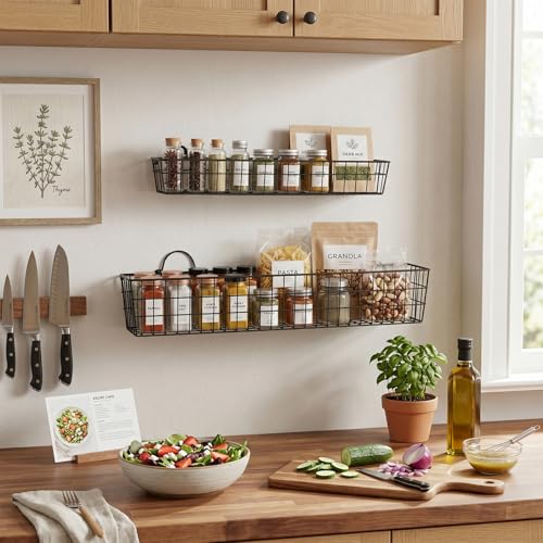 MyGift 2pcs 30-Inch Wire Baskets for Storage and Organization, Rustic Black Wall Mounted Metal Display Racks