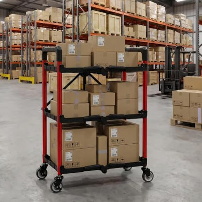 WORKPRO 3-Tier Collapsible Utility Cart, 210 LBS Cart with Wheels - color: Black/Glossy Red