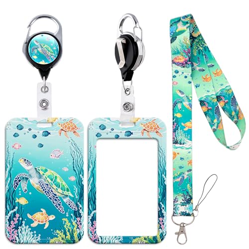 Cute Ocean Lanyard Badge Holder for Girls Kids Glitter Turquoise Turtle Retractable ID Badge Reel Clip for Cruise Card Lanyard Preppy School Nature Teacher - color: Sea Turtle