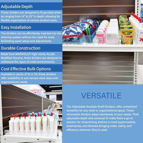 Adjustable Gondola Shelf Dividers - Retracting Item Organizer for Shelves 14" to 22" D - 50 Pack - size: 50 Pack, style: Fits Shelves: 14" to 22" Deep