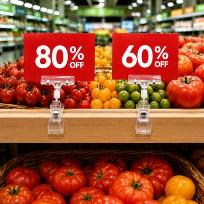 ZOOFOX 50 Pack Plastic Sign Holder Clip, Clear Rotatable Pop Clip-on Holder Stand, Double Retail Clips Holder for Price Tag Label Sign Display