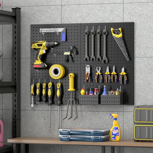 Peg Board, 4-pcs 16" x 12" Metal Pegboard Panels with 70 Hooks, Tool Organizer for Garage, Craft Room, Black