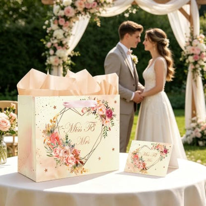 Miss to Mrs Gift Bag, Bridal Shower Gift Bag with Tissue Paper & Card - color: Miss To Mrs Bag