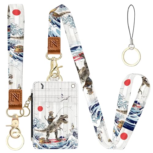 Funny Cat Riding Dinosaur Fishing 2-in-1 ID Badge Holder & Lanyard Wallet for Teachers,Nurse,Professionals-Cute Zippered Coin Pouch,Removable Wristlet & Neck Lanyard,5 Card Slots Stylish Work - color: Funny Cat Riding Dinosaur Fishing