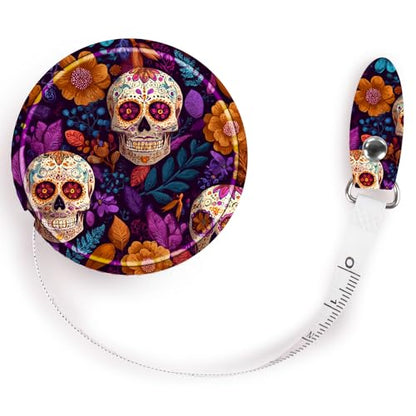 Retractable Mini Leather Tape Measure, Auto Retract Candy Skull - color: Candy Skull
