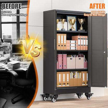 pozdeg 45.6" Black Lockable Rolling Metal Garage Storage Cabinet - color: Black, size: 11.8"D x 23.7"W x 45.6"H