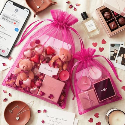 FUNFERY 100Pcs Hot Pink Organza Bags 5x7 in,Small Mesh Drawstring Gift Bag - color: Classic Hot Pink
