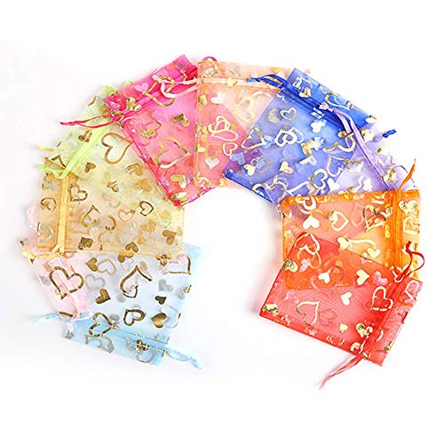 Stratalife 5"x7" Heart Printed Organza Bags with Drawstring, 100PCS - color: 100pcs Mix 5X7