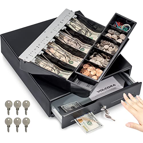 Volcora 13" Manual Push Open Cash Register Drawer for Point of Sale (POS) System, Black Heavy Duty Till with 4 Bills and 5 Coin Slots, Key Lock with Fully Removable Money Tray and Double Media Slots