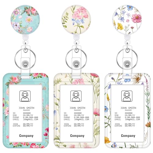 3 Pack Retractable Badge Holders with Clip, Vertical Id Card Holder - color: Grass Flower
