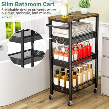 Vivihomety 4-Tier Laundry Utility Rolling Cart with Wheels, Metal - color: Black, size: 8.1 inch wide