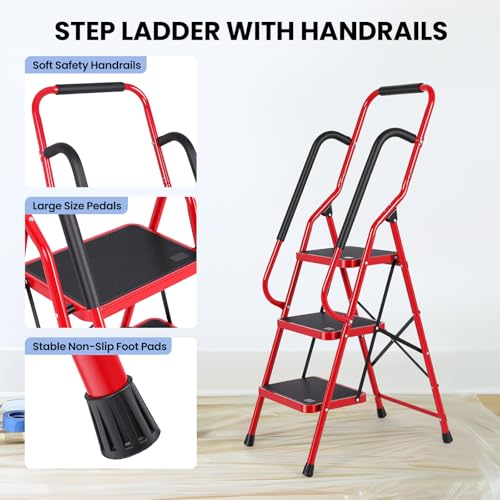 Step Ladder 3 Step Folding with Handrails, Folding Step Stool with Wide Anti-Slip Pedal, Sturdy Steel Portable Ladder, Lightweight Step Stool Foldable for Library Home Garage Office,Red - size: 3 Step