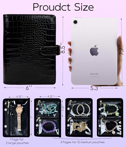Travel Jewelry Organizer Case,Small Jewelry Bags Jewelry Storage Book Ring Binder with Clear Zipper Velvet Pouch for Traveling - color: Case,Black