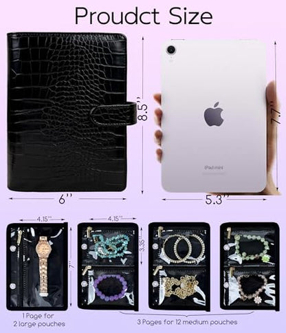 Travel Jewelry Organizer Case,Small Jewelry Bags Jewelry Storage Book Ring Binder with Clear Zipper Velvet Pouch for Traveling - color: Case,Black