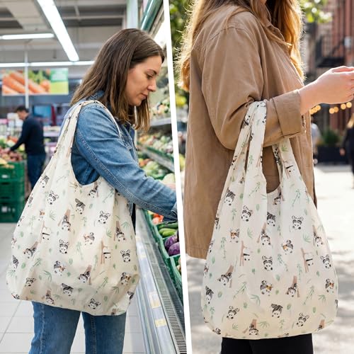 Stelle Lightweight Reusable Grocery Bag with Handles Ripstop Nylon Foldable Tote Shopping Bags for Travel and Groceries - color: Panda Friends