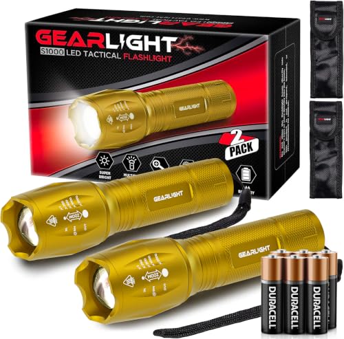 GearLight LED Flashlight High Lumens, Mini Tactical LED Flashlight 2 Pack, 5 Modes Zoomable Beam, Battery Powered for Camping, Hunting, Home & Emergency, Compact Small LED Flashlight (Yellow) - color: Yellow