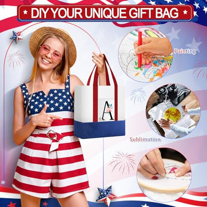 Sanwuta 12 Pcs Mini Canvas Tote Bags Bulk with Pocket Small Sublimation Blank Canvas Tote Reusable Grocery Bag for Women, DIY Craft (Red,Blue and White) - color: Red, Blue and White