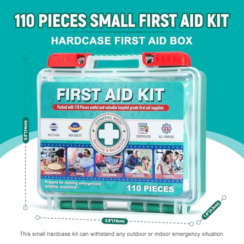 General Medi 110 Pieces Small First Aid Kit - HardCase First Aid Box - Contains Premium Medical Supplies for Travel, Home, Office, Vehicle, Camping, Workplace & Outdoor - size: 110 Pieces