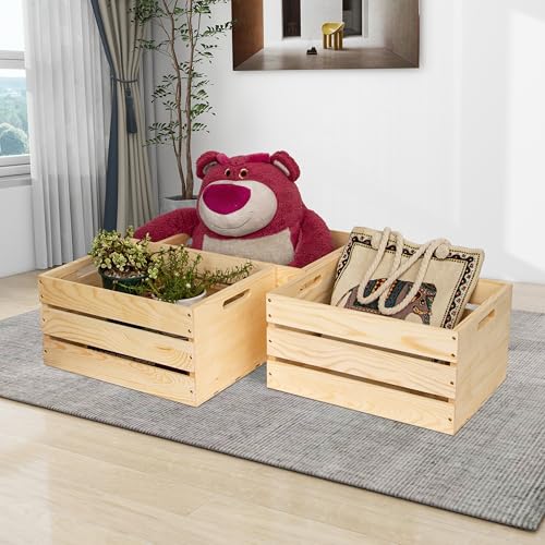 3 Packs Unfinished Pine Wooden Crate,DIY Wooden Storage Crate with Handles